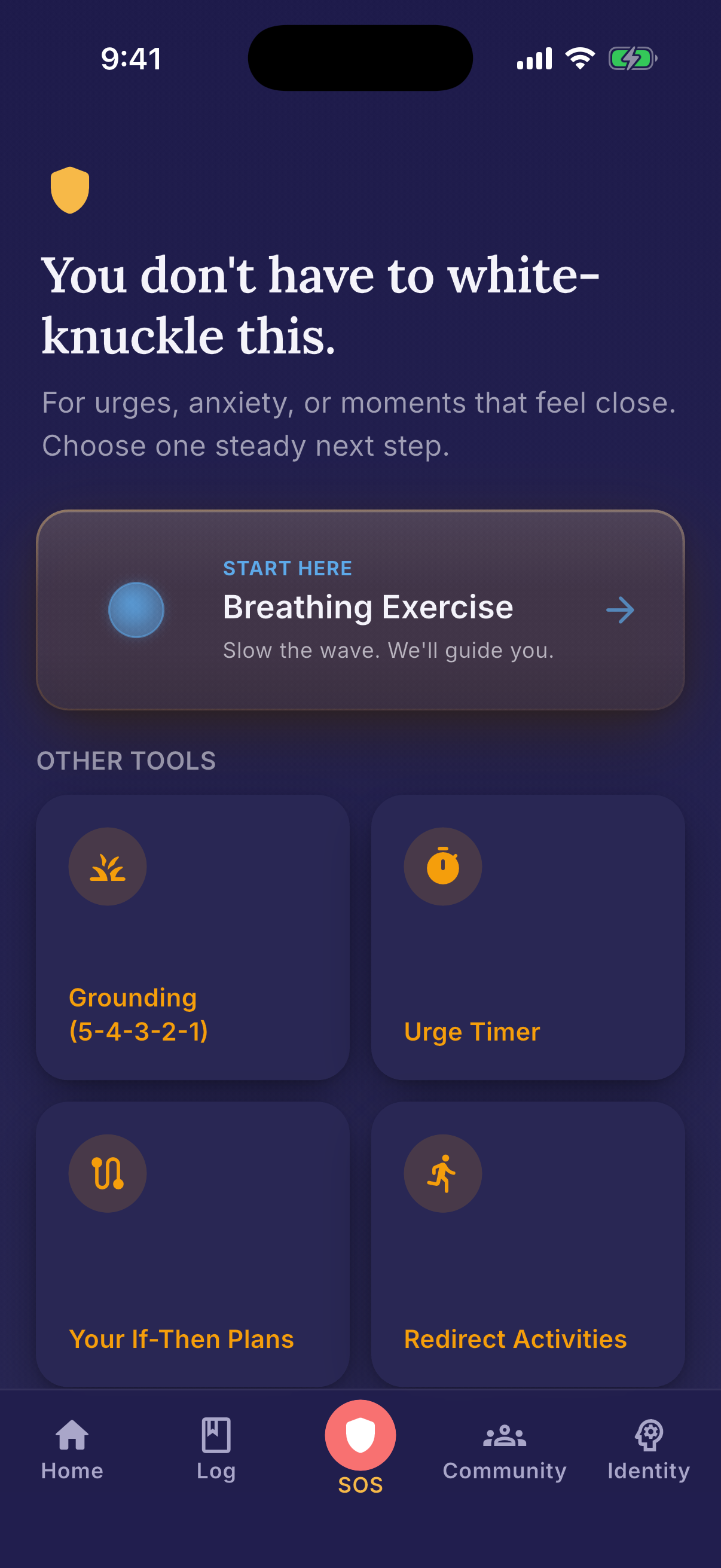 SOS toolkit with breathing, grounding, urge timer, and redirect activities